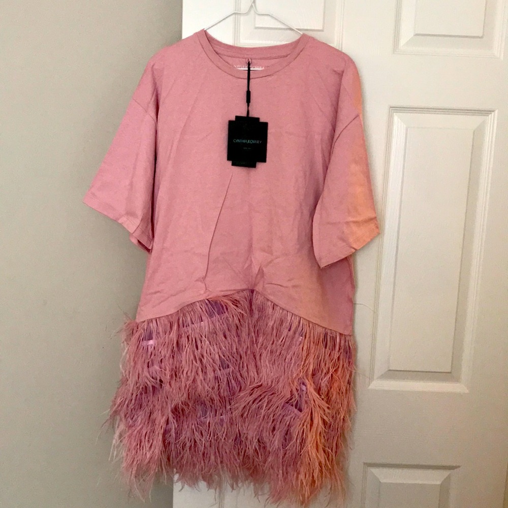 Cynthia Rowley Astrid Feather Mini Dress. Pink. Size L. Oversized. Short sleeves